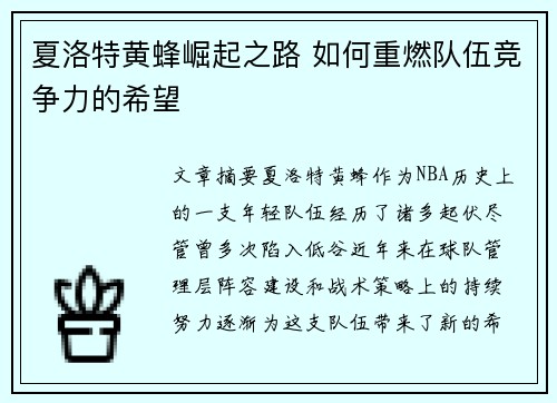 夏洛特黄蜂崛起之路 如何重燃队伍竞争力的希望 夏洛特黄蜂崛起之路 如何重燃队伍竞争力的希望